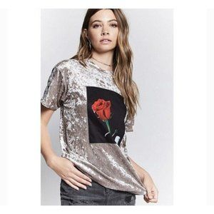 Forever 21 Silver Velvet Blouse with Red Rose Graphic